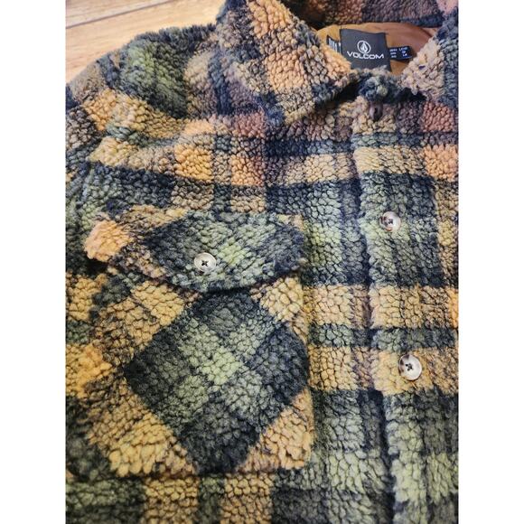 Volcom Silent Sherpa Faux Fur Bronze Plaid Jacket Shacket Size Women Large NWT - Picture 5 of 6
